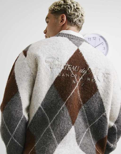 River Island Brushed argyle jumper in rust, 3 of 4