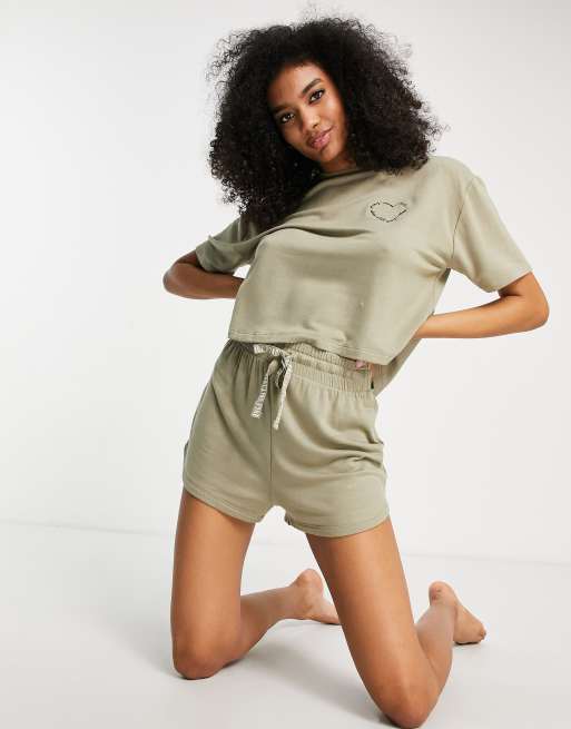 River Island brushed back loungewear shorts in khaki part of a