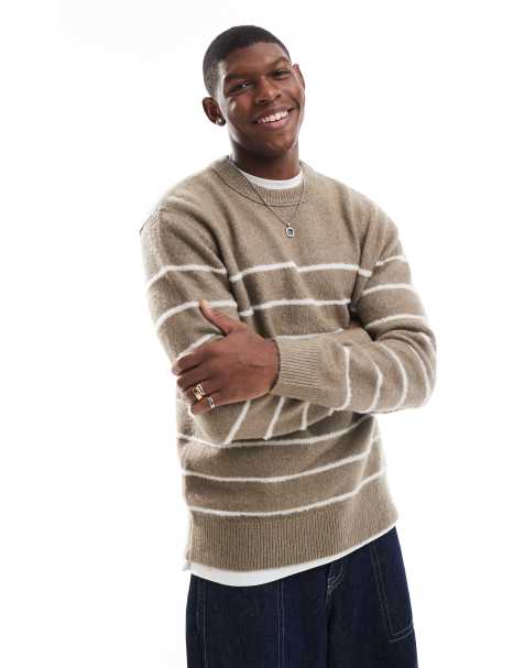 River Island brushed knit jumper in stone breton stripe - view 1