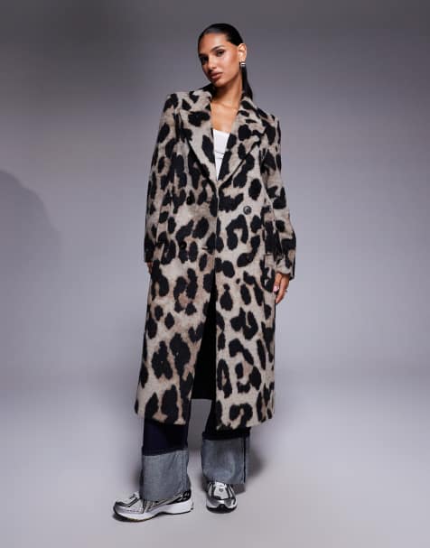 River Island brushed leopard print double breasted coat in brown - view 1