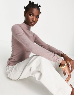 River Island brushed long sleeved high neck top in mocha