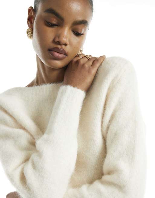 River Island Brushed off shoulder jumper in cream, 3 of 4