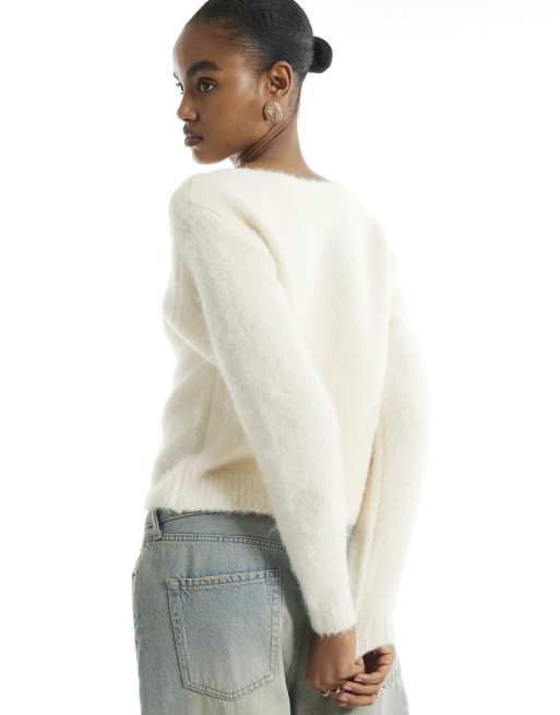 River Island Brushed off shoulder jumper in cream, 4 of 4