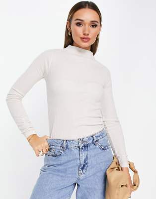 River Island brushed rib high neck long sleeved top in cream-White