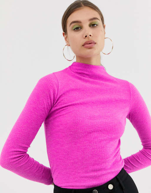 River Island brushed top with high neck in pink | ASOS