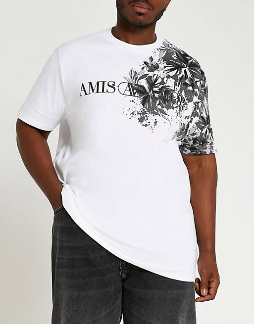T-Shirts & Vests River Island B&T slim t-shirt with floral placement print in white 