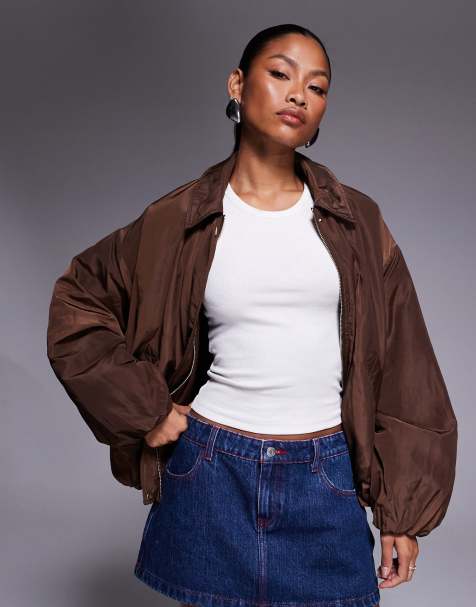 River Island bubble hem bomber jacket in brown - view 1