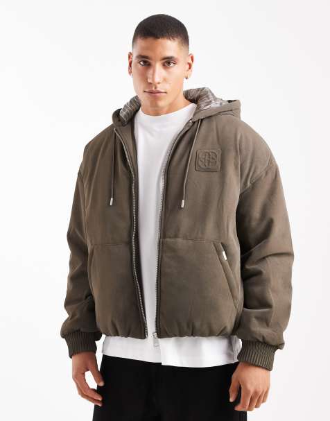 River Island bubble hem embossed hooded jacket in stone - view 1