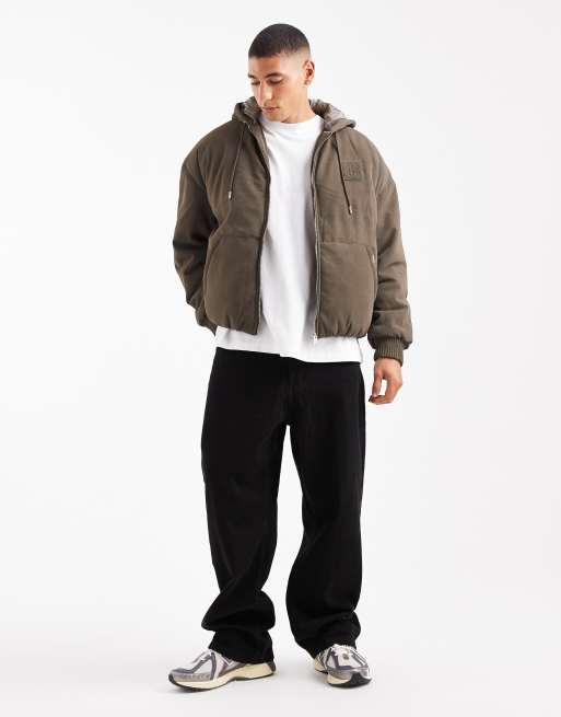 River Island bubble hem embossed hooded jacket in stone, 2 of 5