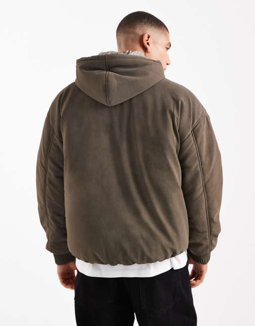 River Island bubble hem embossed hooded jacket in stone, 3 of 5