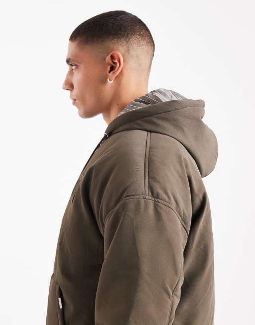 River Island bubble hem embossed hooded jacket in stone, 4 of 5