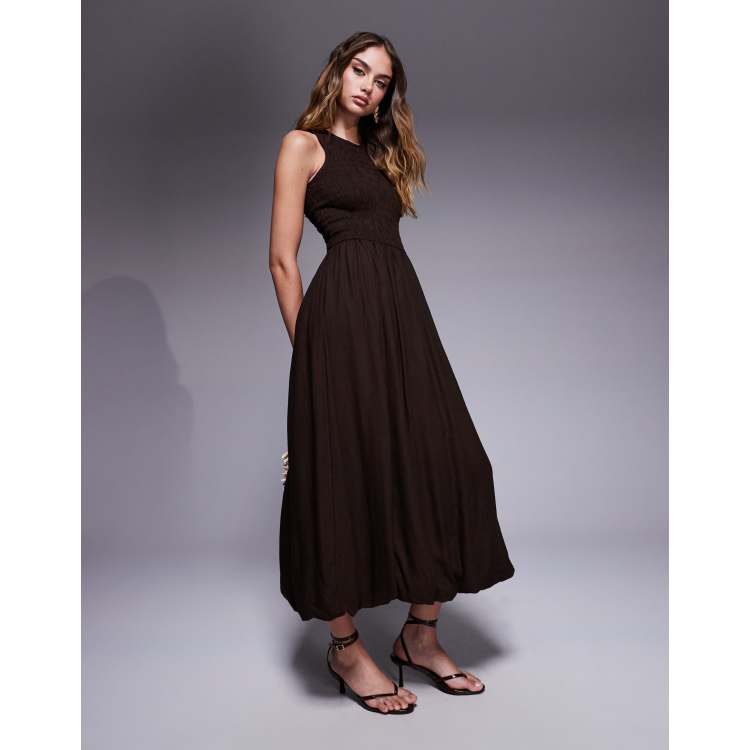 River Island bubble hem linen blend midi dress in dark brown | ASOS