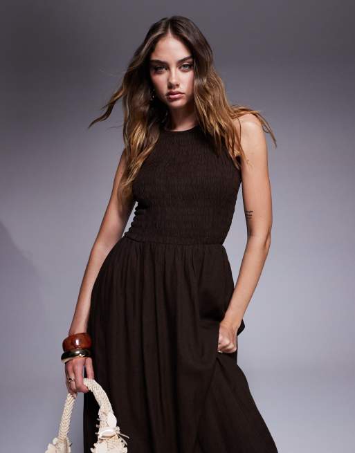 River Island bubble hem linen blend midi dress in dark brown | ASOS