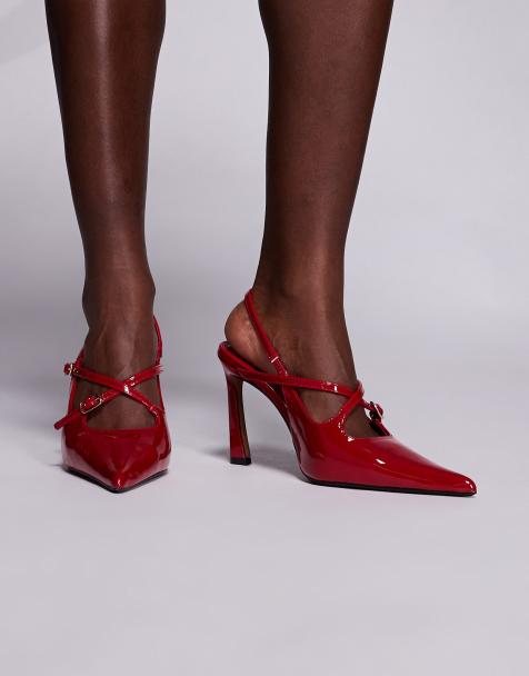 River Island buckle detail slingback heels in burgundy - view 1