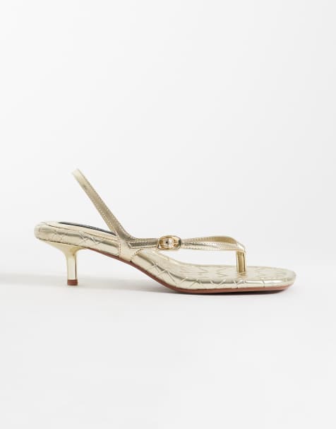 River Island buckle detail thong heels in gold - view 1