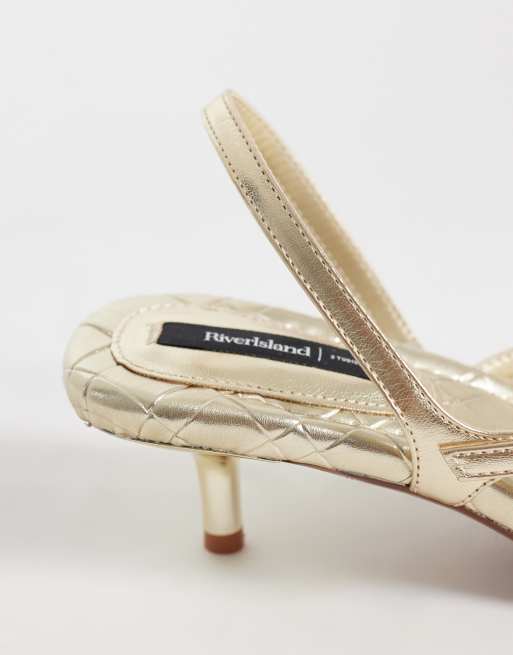 River Island buckle detail thong heels in gold, 4 of 4