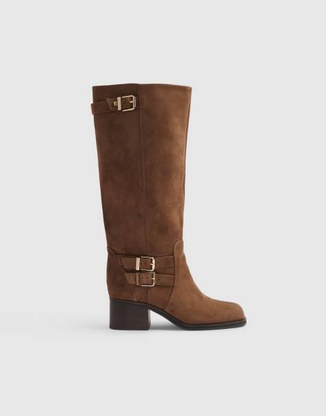 River Island Buckle high leg boots in tan - view 1