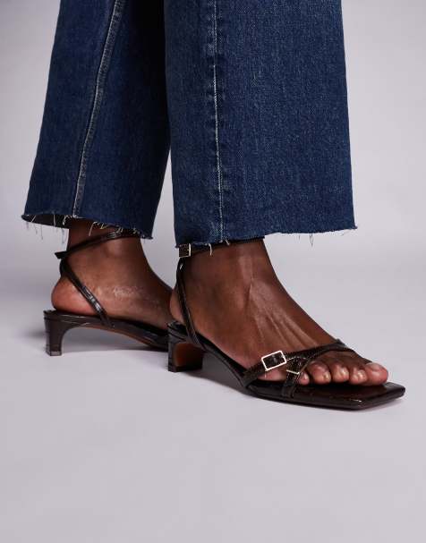 River Island buckle low block heeled sandals in dark brown - view 1