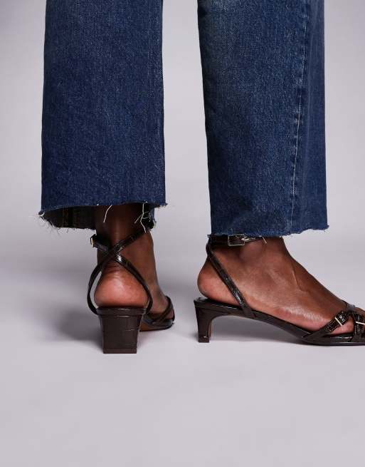 River Island buckle low block heeled sandals in dark brown, 3 of 4