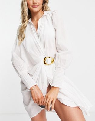 River Island buckle mini beach shirt dress in white - ASOS Price Checker