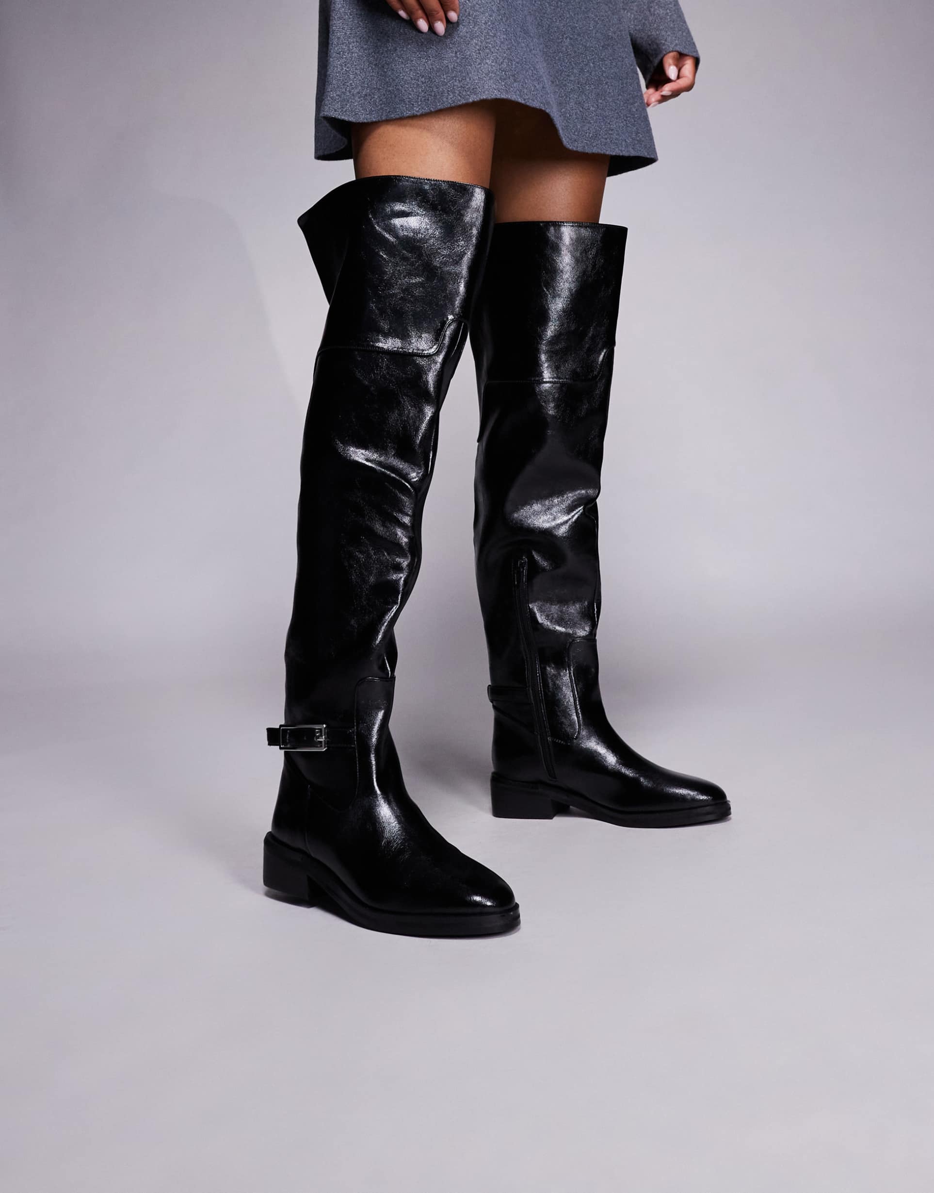 river island buckle over the knee boots in black
