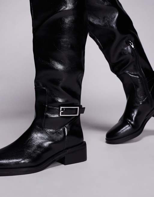River Island buckle over the knee boots in black, 3 of 4