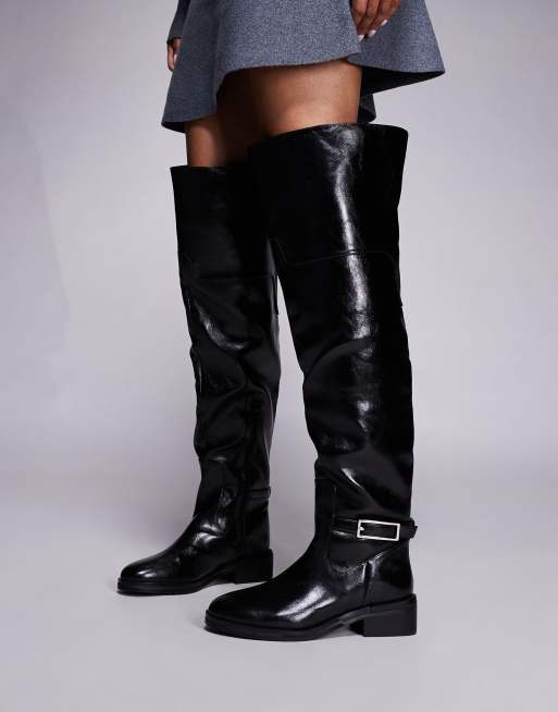 River Island buckle over the knee boots in black, 4 of 4