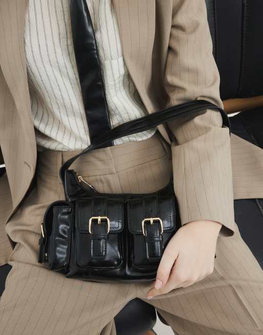 River Island buckle strap utility shoulder bag in black, 2 of 3