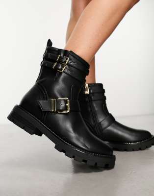 River Island Buckled Biker Boot In Black