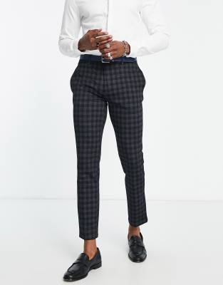 River Island buffalo check smart trousers in navy - ASOS Price Checker