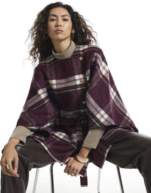 River Island Burgundy check print belted button cape in burgundy, 2 of 4