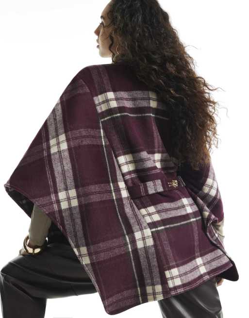 River Island Burgundy check print belted button cape in burgundy, 4 of 4