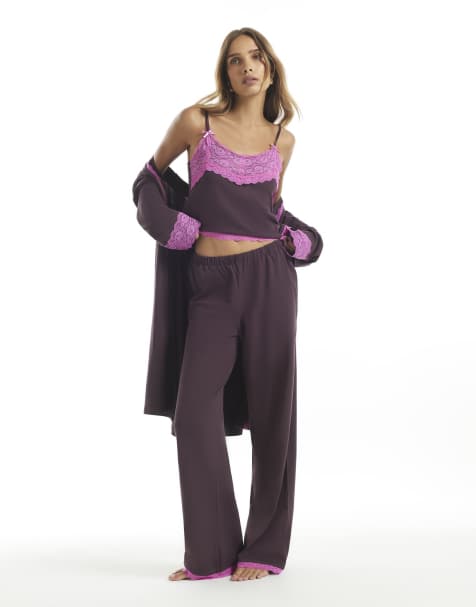 River Island Burgundy cotton blend lace cami pyjama set in burgundy - view 1