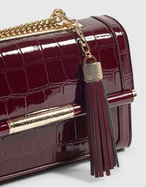 River Island Burgundy croc bar front panel shoulder bag in burgundy , 3 of 4