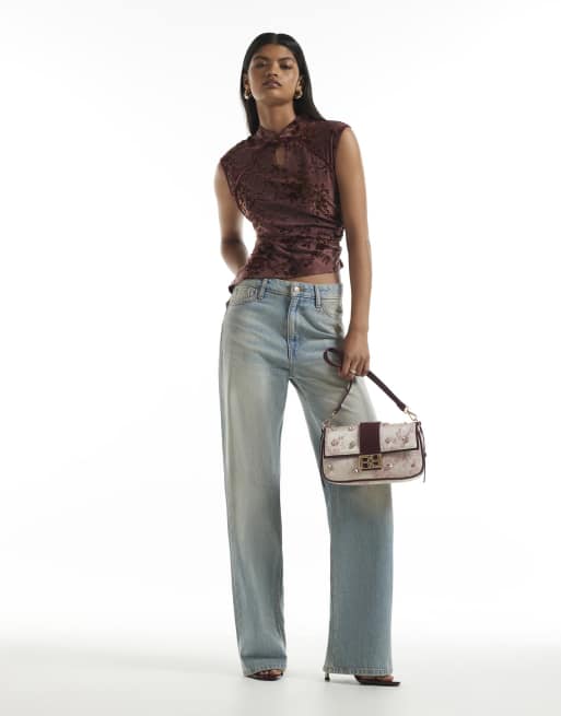 River Island Burgundy devore sleeveless top in burgundy, 3 of 4