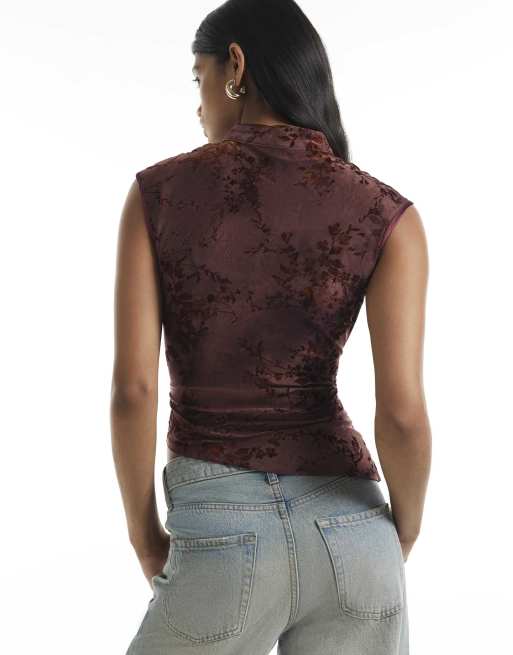 River Island Burgundy devore sleeveless top in pink, 4 of 4