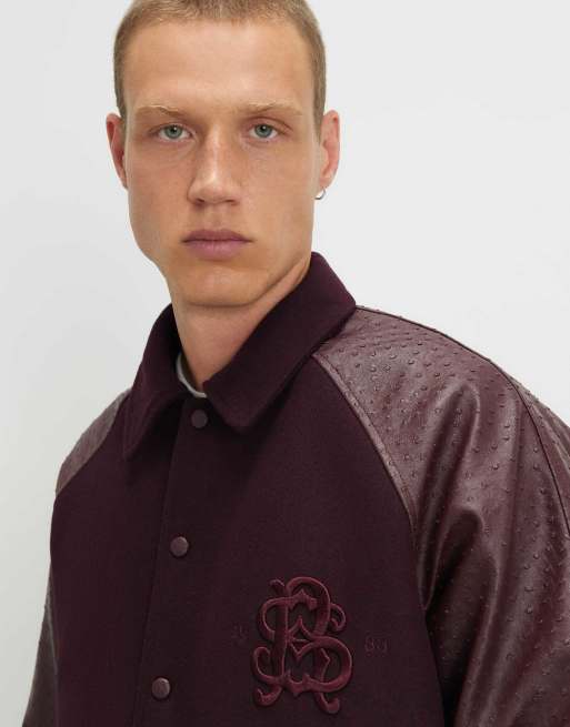 River Island Burgundy faux leather varsity bomber jacket in burgundy, 2 of 4