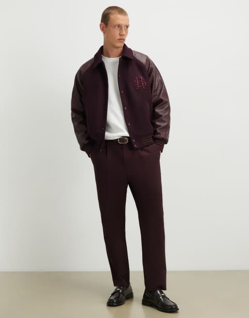 River Island Burgundy faux leather varsity bomber jacket in burgundy, 3 of 4