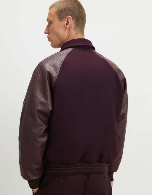 River Island Burgundy faux leather varsity bomber jacket in burgundy, 4 of 4