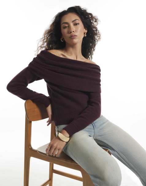 River Island Burgundy gathered bardot jumper in burgundy - view 1