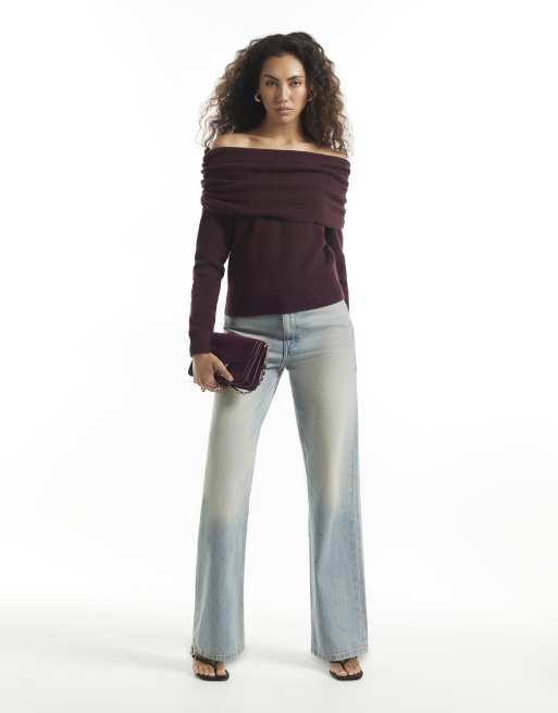 River Island Burgundy gathered bardot jumper in burgundy, 2 of 4