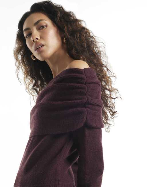 River Island Burgundy gathered bardot jumper in burgundy, 3 of 4