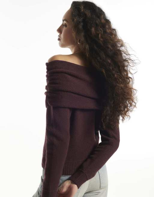 River Island Burgundy gathered bardot jumper in burgundy, 4 of 4