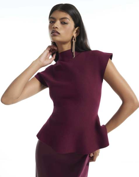 River Island Burgundy hybrid satin knit peplum maxi dress in burgundy - view 1
