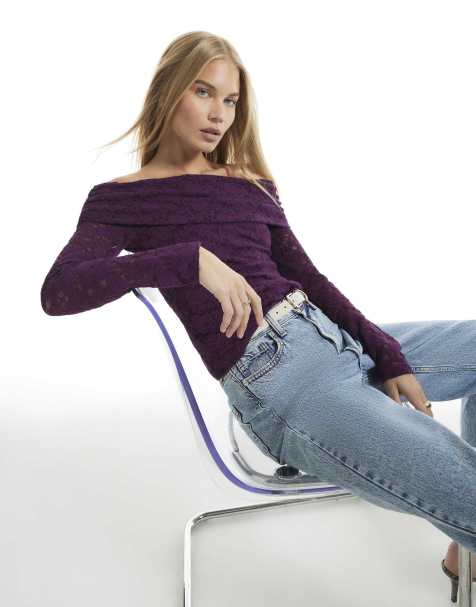 River Island Burgundy lace bardot top in burgundy - view 1