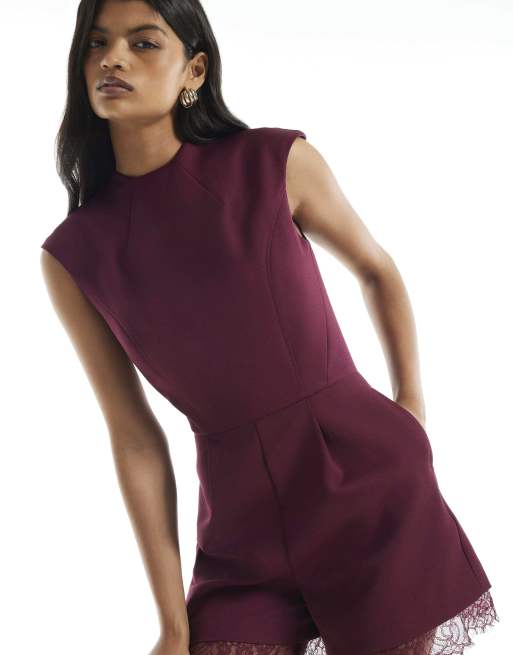 River Island Burgundy lace trim playsuit in burgundy, 3 of 4