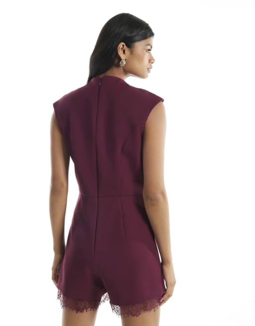 River Island Burgundy lace trim playsuit in burgundy, 4 of 4