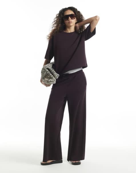River Island Burgundy premium wide leg joggers in burgundy - view 1