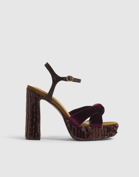 River Island Burgundy sequin block heeled sandals in burgundy - view 1