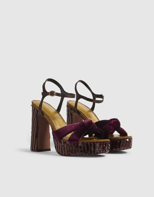 River Island Burgundy sequin block heeled sandals in burgundy, 2 of 4